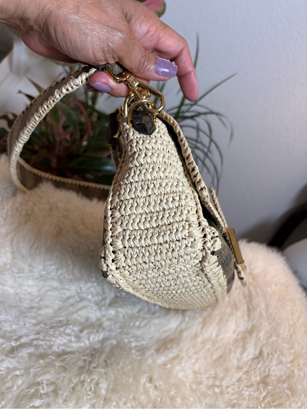 FENDI Fabric Jacquard Raffia Straw Pequin Gingham Woven Baguette Beige Black - Picture 7 of 16
